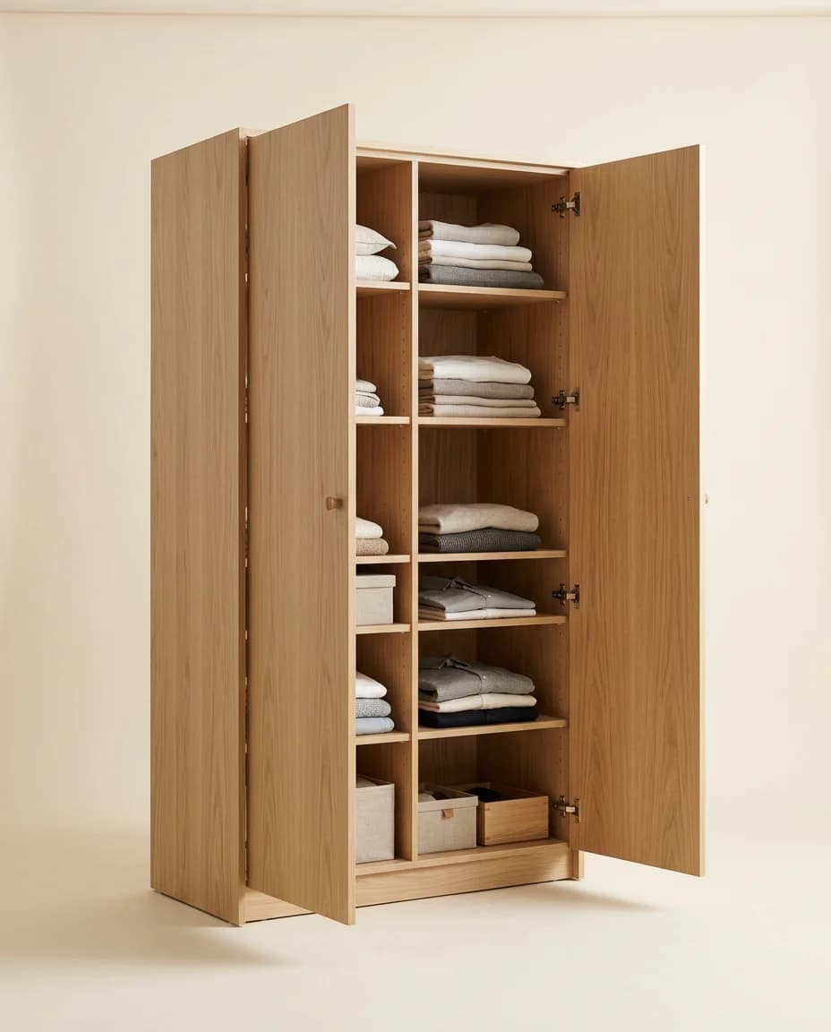 Oak two-door wardrobe photographed three-quarter with both doors open, fitted interior visible