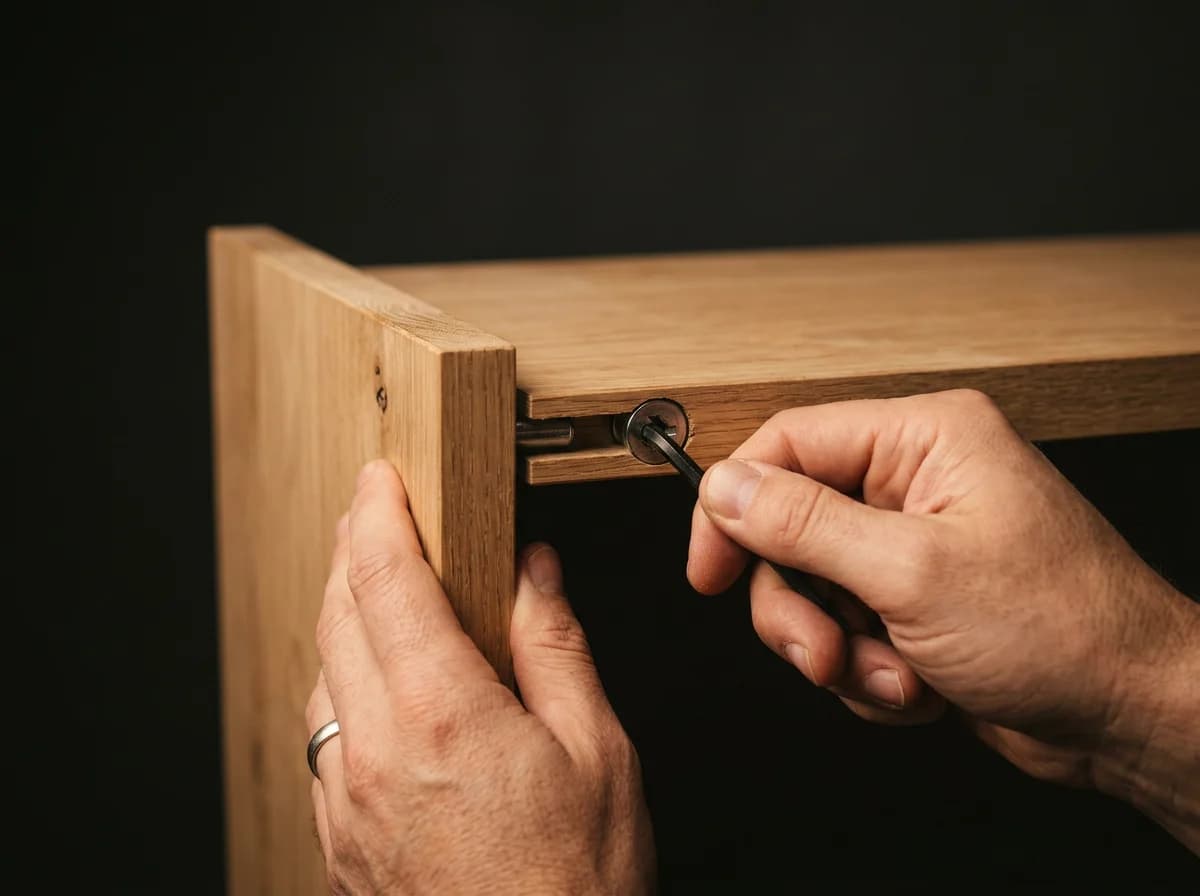 Hands joining two oak cabinet panels with a hex key at a connector