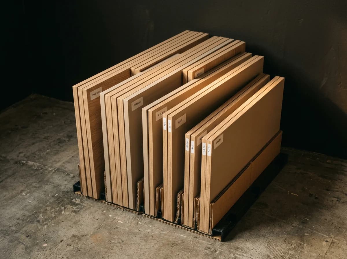 A neat stack of flat-packed oak cabinet panels with edge banding and part labels