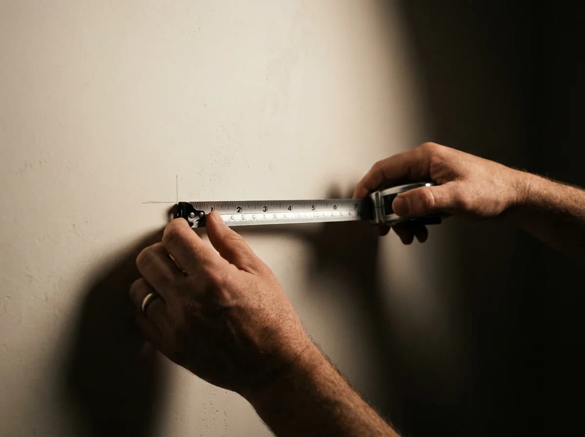 Hands holding a tape measure against a bare interior wall with a pencil mark