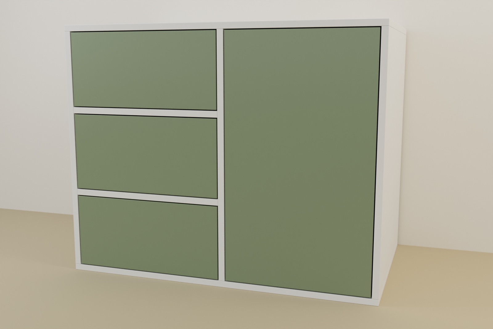 The same cabinet with inset fronts: each panel sits flush inside the white carcass, framed by a thin, even line of the box around it.