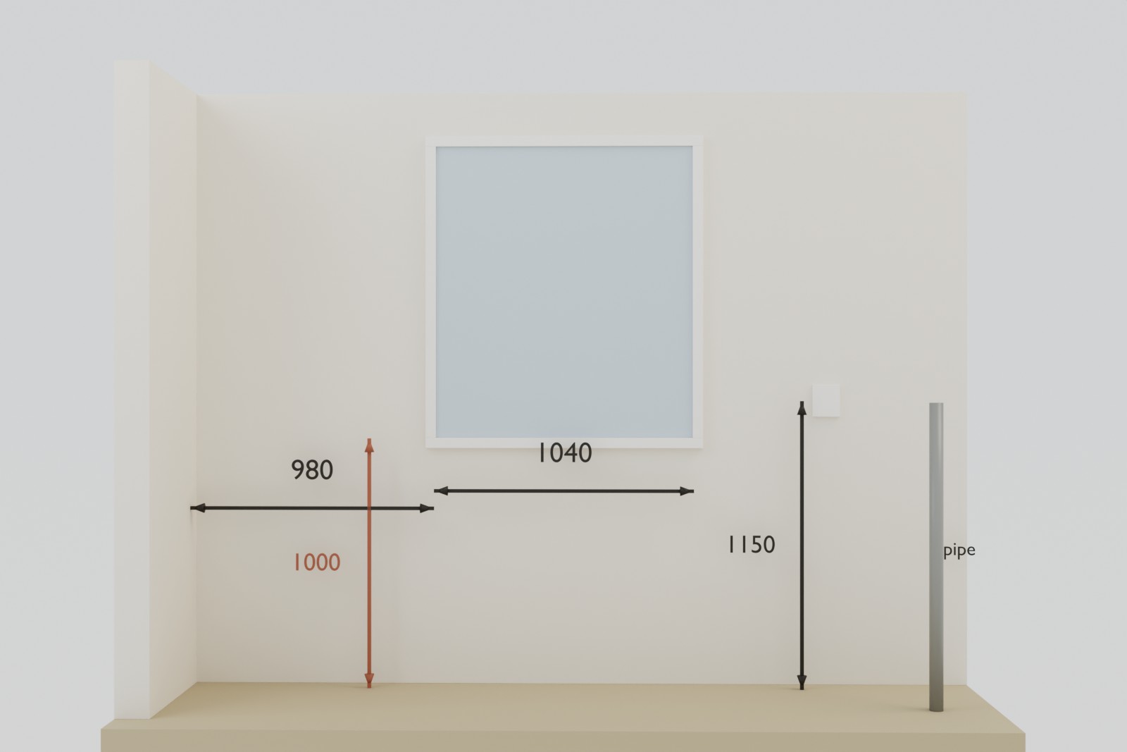 A kitchen wall with a window, an outlet and a pipe, each dimensioned: distance from the corner to the window, the window's width, its sill height off the floor, and the outlet height.